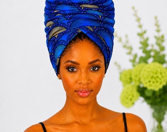 Royal Blue and Gold African Print Headwrap,African Headwrap 22 x 72 Inches, Ankara Head Wrap for Women, African Print Hair Scarf, Long Cott