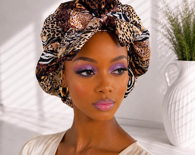 Satin Hair Bonnet With Elastic and Stretch Ties-Perfect For all Hair Types/Double Layer Satin Lined For Natural Kinky and Curly Hair/Sheryl