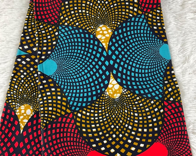 Red & Blue Ankara Fabric: 6 Yards African Print Cotton with Headwrap