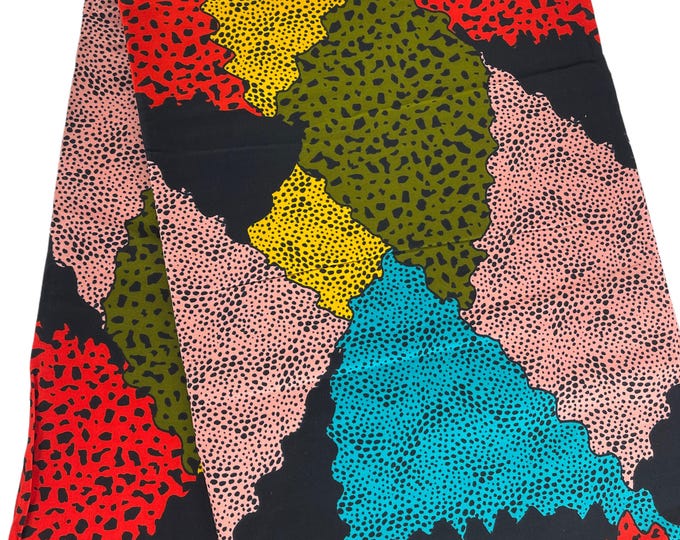 Blue, Beige & Red Ankara Fabric with Headwrap (6 Yards)