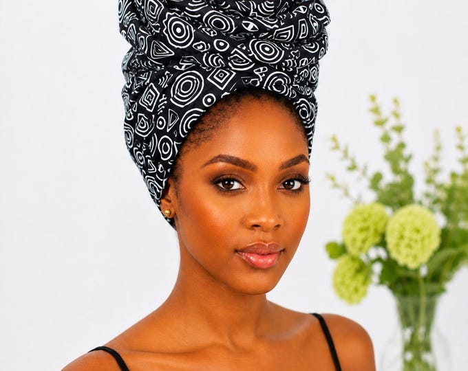 African Print Head Wrap, Ankara Headwrap for Women, African Head Scarf, Wax Print Turban, Natural Hair Wrap, Gift for Her,Black and White He