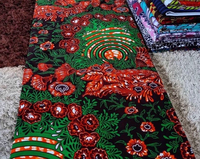 African Fabric/African Print Fabric/Ankara- Green and Brown Floral Design/By The Yard/Wholesale/African Dress/ Fabric/Floral Fabric/MK106