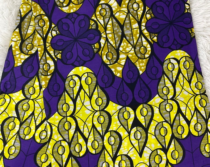 Purple and Yellow African Print Fabric, Cotton Waxprints, 6 Yards with Headwrap