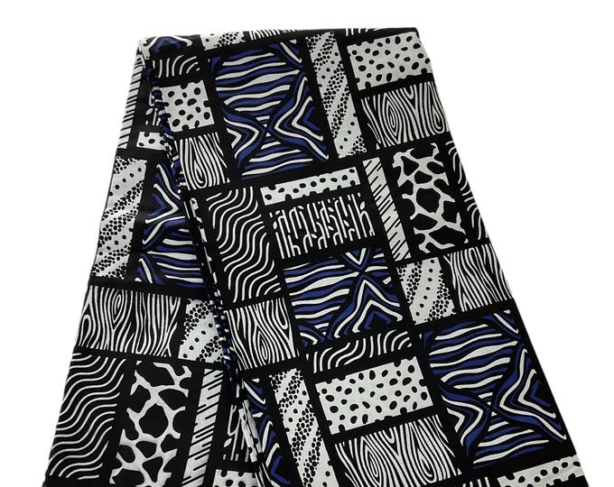 Black White Blue African Print Fabric/Ankara 6 Yards/Cotton Print By The Yard/Patched Work Fabric.FG88t