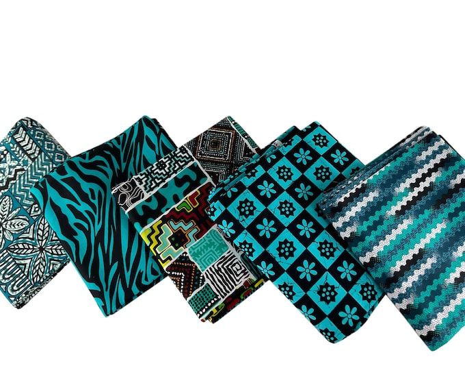 Teal Black African Print Fat Quarters 5 Pieces/Ankara Fat Quarters Set Of 5/Quilting Fat Quarters