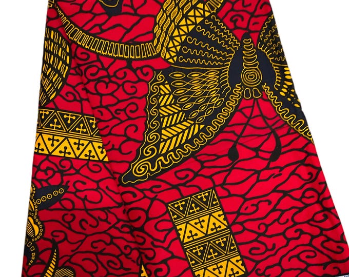 Red and Gold Ankara Fabric: African Print Cotton, 6 Yards with Headwrap