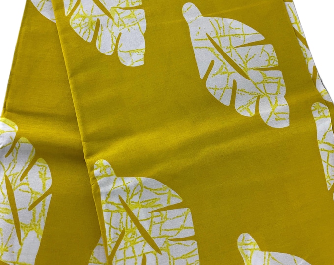 Mustard Yellow Ankara Fabric, White Leaf Print, 6 Yards with Headwrap