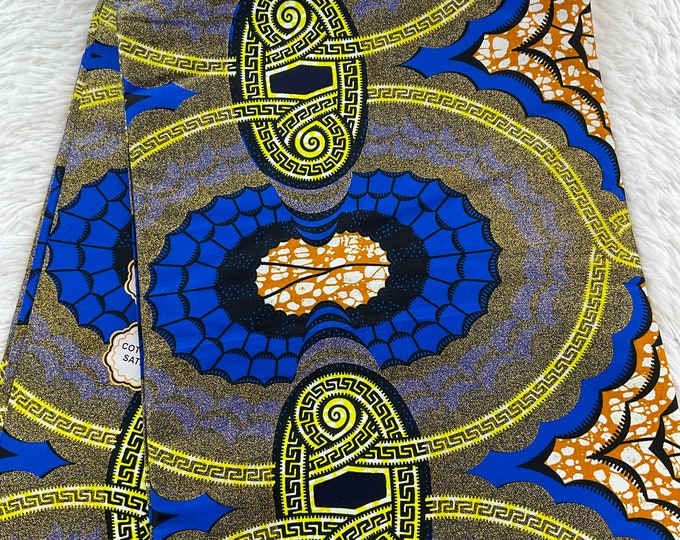 African Fabric/African Print Fabric/Ankara-Gold,Silver,Blue Hearts Design/African Clothing/Gift For Her/African Fabric By The Yard/Wax/CK450