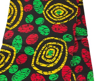 African Print Fabric - Ankara Wax Print - Black, Red, Green, Yellow Geometric Design