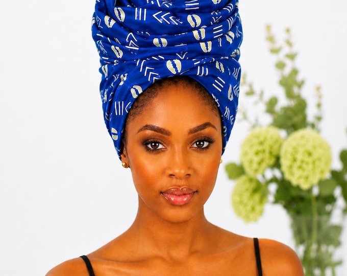 Royal Blue and White African Print Headwrap,African Headwrap 22 x 72 Inches, Ankara Head Wrap for Women, African Print Hair Scarf, Long Cott