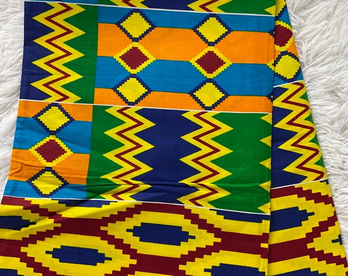 Yellow Kente Fabric, 6 Yards African Print Cotton with Headwrap