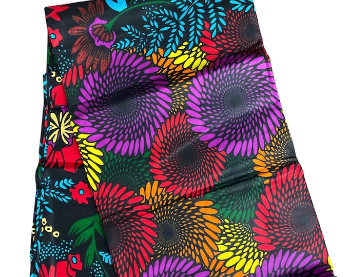 Green & Purple Floral Ankara Fabric: 6 Yards Cotton African Print with Headwrap