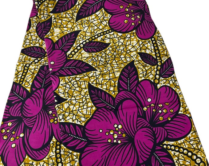 African Ankara Fabric, Purple Brown Beige Wax Print, 6 Yards