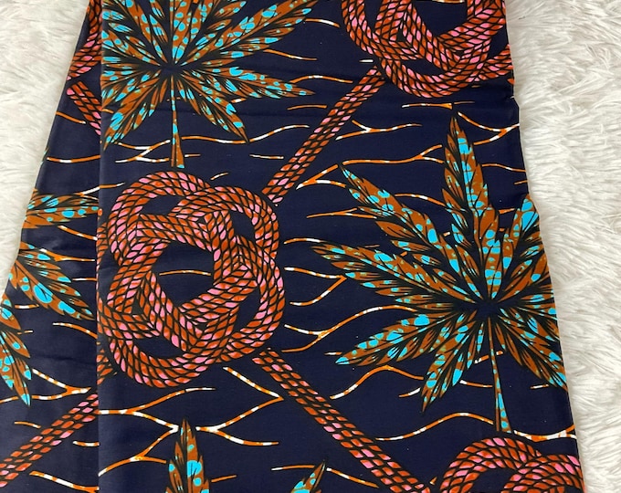 African Fabric/African Print Fabric/Ankara-NavyBlue and Brown Floral Design/ Fabric Per Yard/African clothing/FG58/Kitenge/Mudcloths