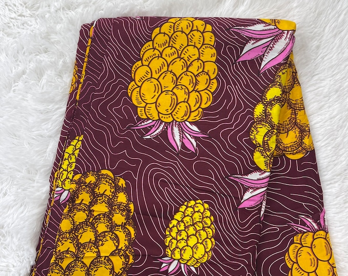 African Fabric/Ankara-Brown and Yellow Pineapple Design/African Skirt /African Print Fabric/ByThe Yard/Gift For Her/African Dress/FG53
