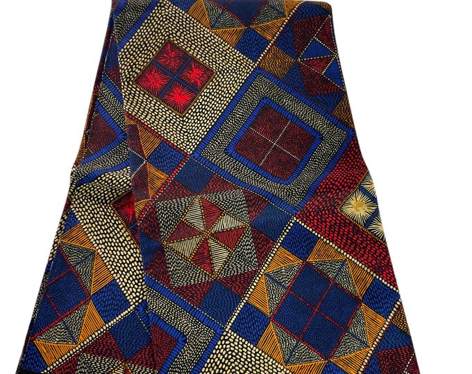 Navy Blue Red African Print Cotton Fabric, Ankara Quilting Material