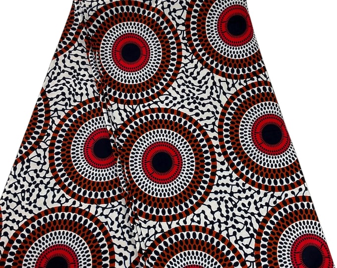 African Ankara Wax Print Fabric, 100% Cotton, White Red Black Circles