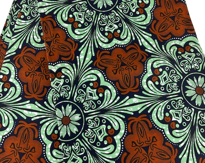 Green and Brown African Fabric/Ankara Print/Cotton With Headwrap/DK36