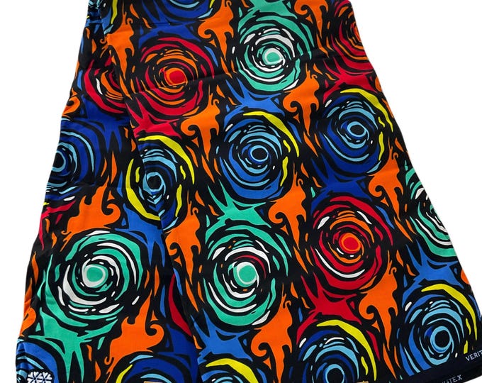 African Ankara Fabric, Teal Blue Orange Patchwork Wax Print, 6 Yards Cotton Fabric