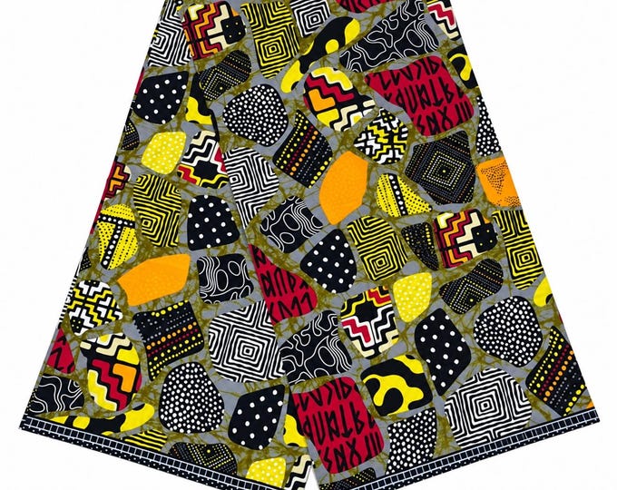 African Ankara Fabric, Green Blue Yellow Patchwork Wax Print, 6 Yards Cotton Fabric