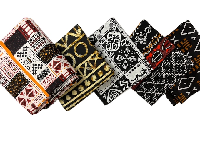 Set of 5 African Print Fabric Fat Quarters/Brown White Orange Ankara Fabric Bundle: 6 Yards, Headwrap
