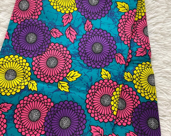 Floral African Wax Print Fabric, 6 Yards with Headwrap