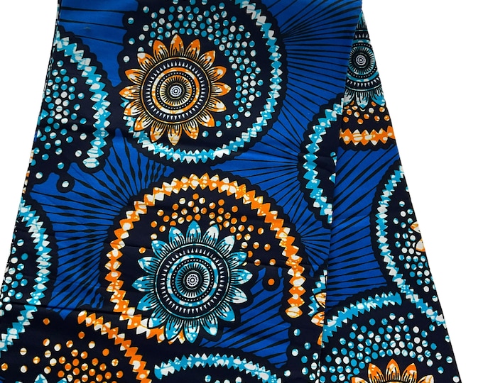 Blue Floral African Wax Print Fabric: Cotton Ankara, 6 Yards & Headwrap