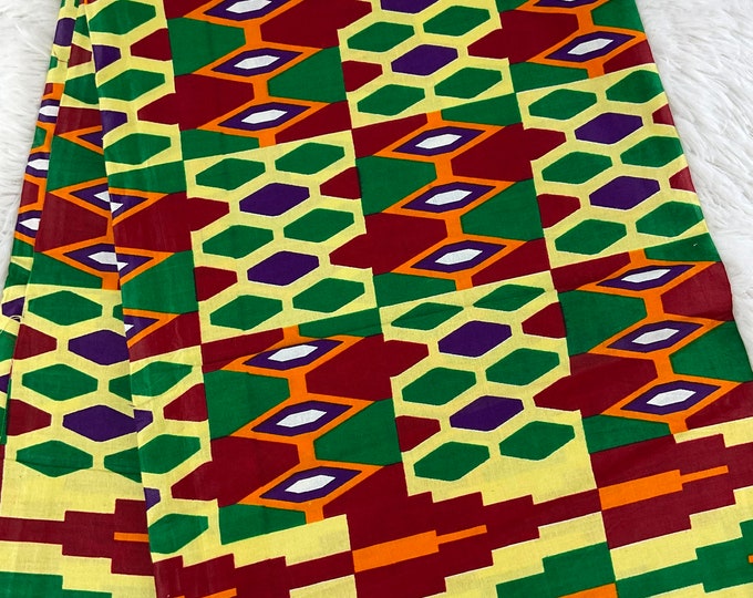 Orange & Green Kente Fabric, African Print Cotton with Headwrap, 6 Yards