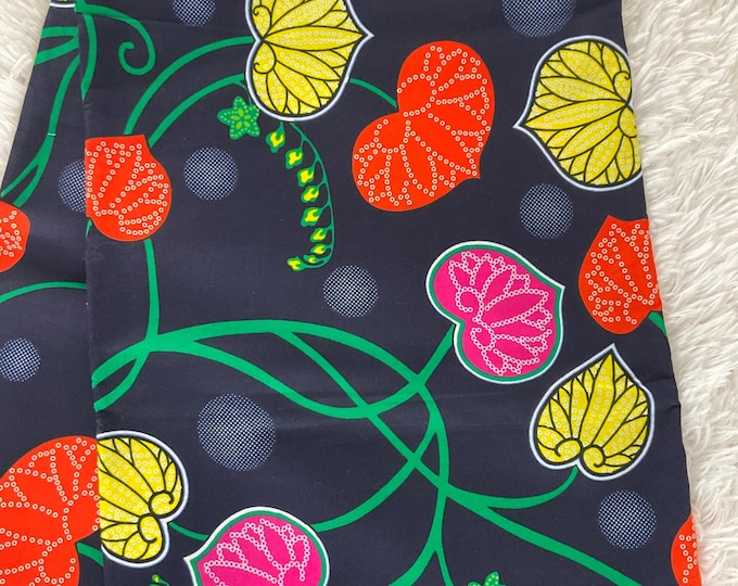Floral African Wax Print Fabric, Navy Blue, Orange, Yellow, 6 Yards with Headwrap