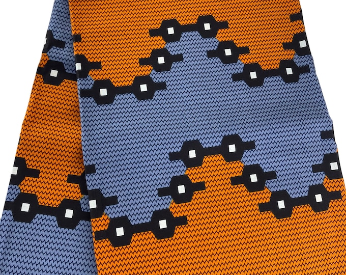 Ankara African Print Fabric, Blue Brown White Design, 6 Yards With Headwrap
