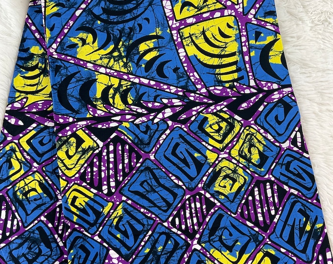 African Fabric/African Print Fabric/ Ankara-Blue,Yellow ,White Design/Crafts Fabric/MK458/Decor/Tribal/Native Fabric/Danshiki Fabric