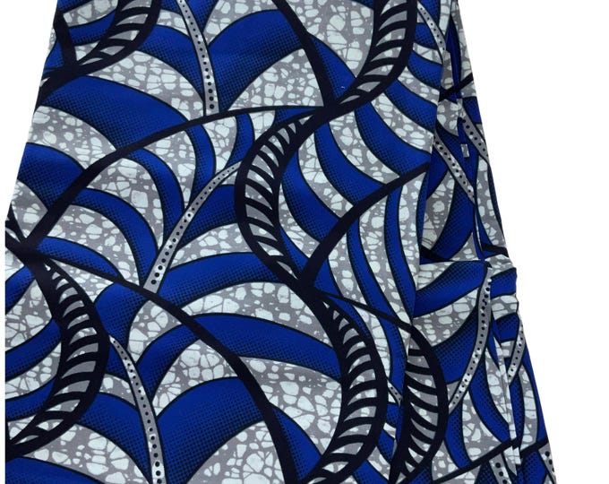 Blue African Wax Print Fabric, 6 Yards with Headwrap
