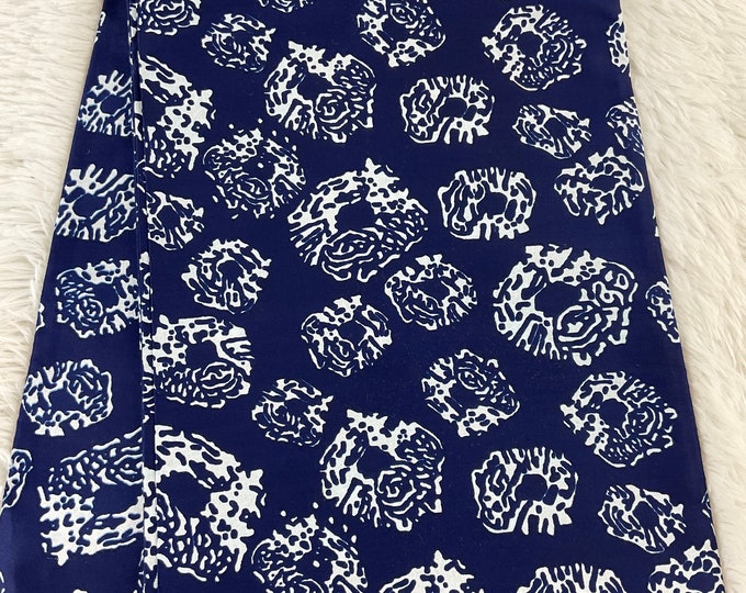 Blue African Print Fabric, 6 Yards Cotton Ankara with Headwrap