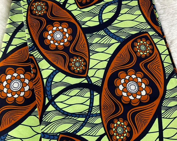 African Fabric/African prints/ Ankara -Green and Brown Floral Fabric/ Wax print/African fabric for crafts/African headwrap/MK604
