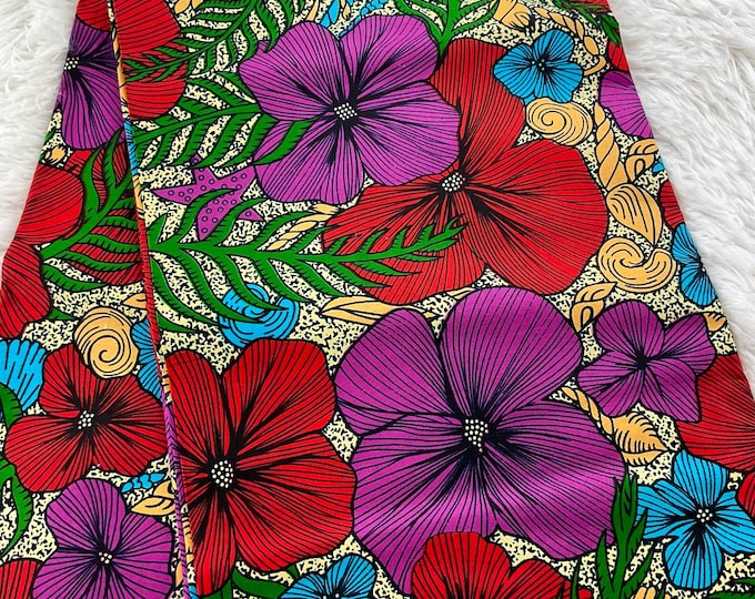 African Fabric/African Print Fabric/ Ankara-Cream,Wine Blue Floral Design/Crafts Fabric/MK458/Decor/Tribal/Native Fabric/Danshiki Fabric