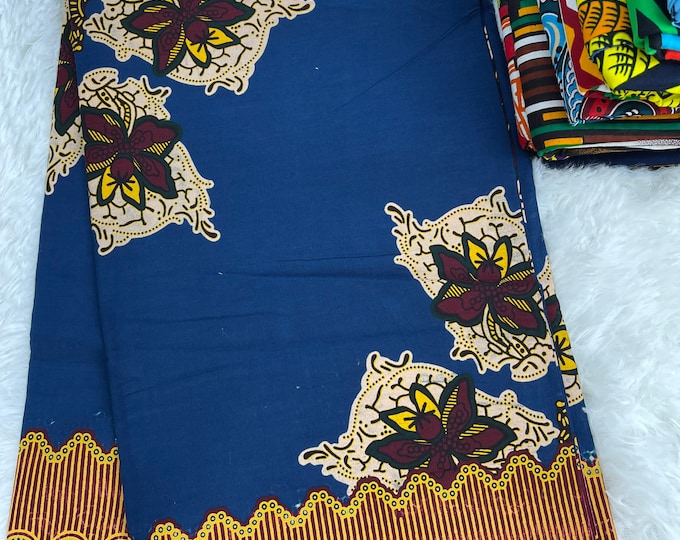 Blue & Gold Ankara Fabric, 6 Yards with Headwrap
