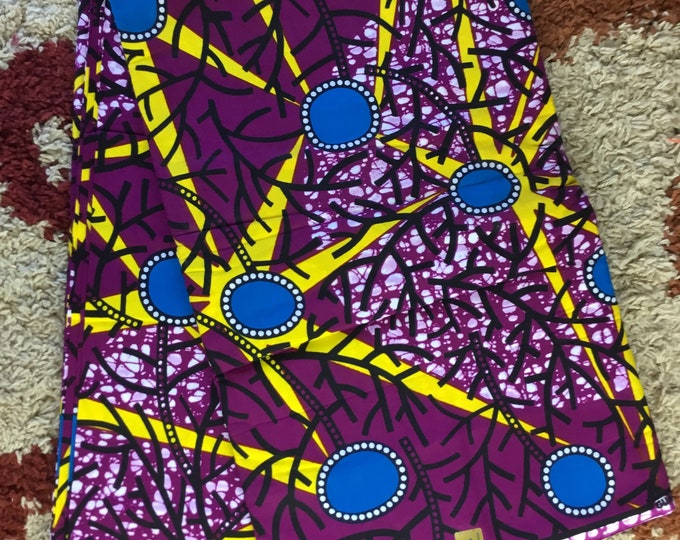 Burgundy & Blue Ankara Fabric, 6 Yards with Headwrap