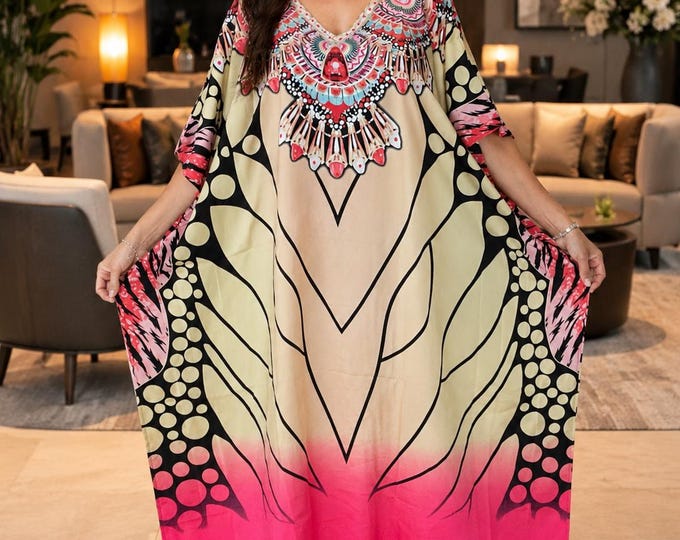 Silky Kaftan Dress For Women/Beach Cover/Elegant Loose Fit Maxi Dress/Lounge Wear/