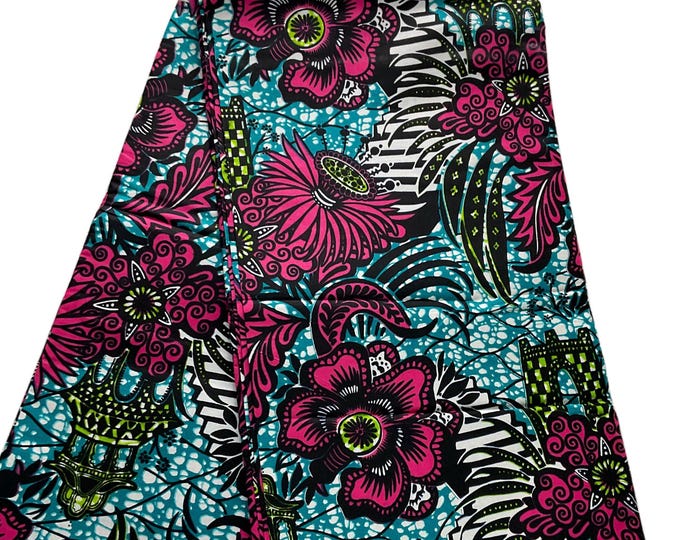 100% Cotton Ankara Fabric: Blue Pink Floral Print for Clothing, Quilts, Crafts