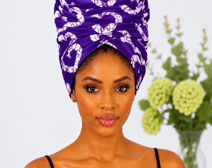 Purple White African Print Headwrap,African Headwrap 22 x 72 Inches, Ankara Head Wrap for Women, African Print Hair Scarf, Long Cott