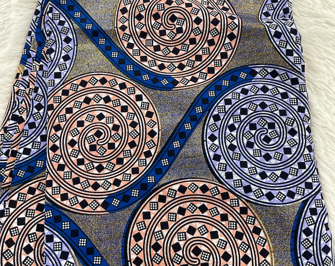 African fabric/African prints/ Ankara fabric/ African Wax/ Burning bush African fabric/ African headwrap/Blue,Peach and Gold Fabric /MK514