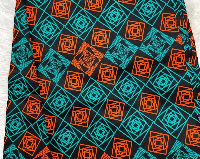 African Fabric//African Print Fabric/Ankara- Green Orange Color Square Design/Crafts Fabric/YARDS OR WHOLESALE/African Dress/ Fabric/MK908h