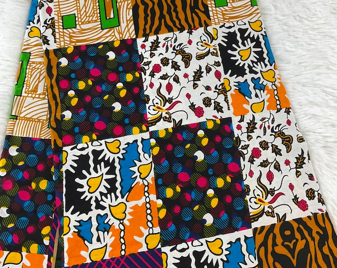 African Fabric/African Print Fabric/African Wax Fabric/Ankara-Square Circle Design/Green Yellow Patched Work Fabric/MK450/African Clothing/A