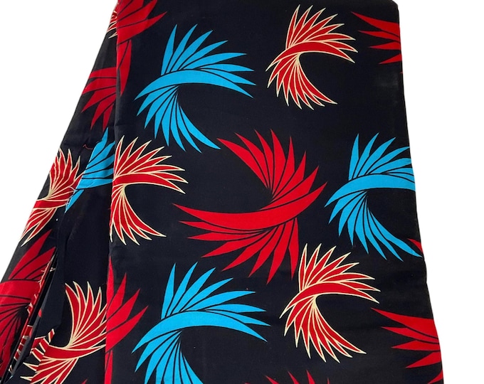 100% Cotton African Print Fabric: Black Red Blue Ankara 6 Yards (Headwrap)