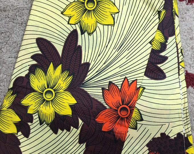 Floral African Wax Print Fabric: Cream, Orange, & Brown, 6 Yards with Headwrap