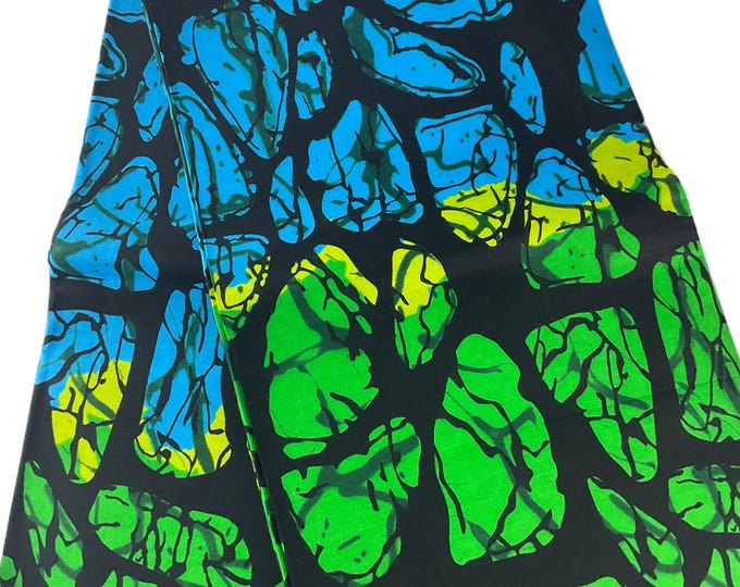 Blue Black Green Ankara Fabric: 6 Yards Cotton African Print with Headwrap