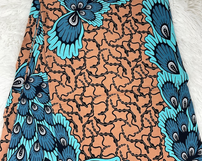 African Fabric/African Print Fabric/Ankara-Light Brown and Turquoise Color/African fabric by the yard/African fabric 6 yards/FG101