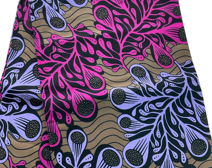 Brown Ankara Fabric with Pink & Purple Floral Print, 6 Yards with Headwrap