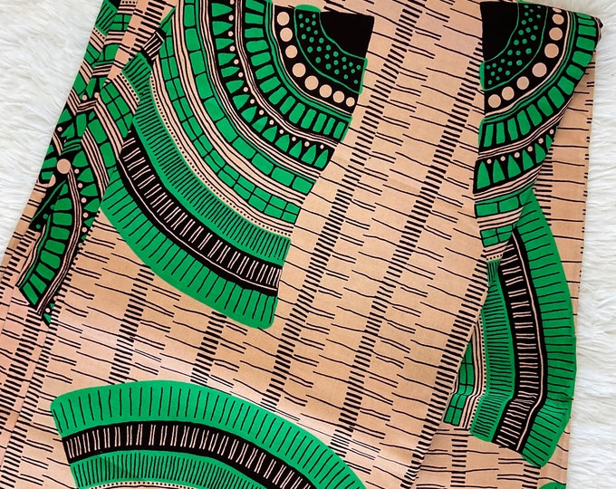 Green Ankara Fabric: Cream African Print Cotton with Headwrap