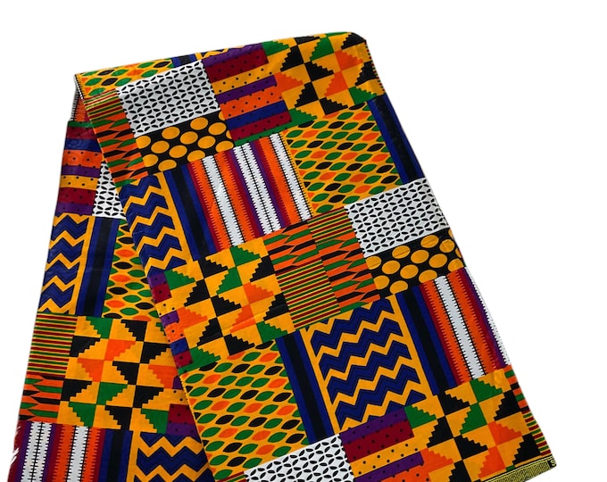 African Ankara Fabric, Yellow Blue Kente Wax Print, 6 Yards Cotton Fabric